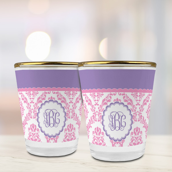 Pink, White & Purple Damask Glass Shot Glass - with gold rim - LIFESTYLE