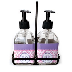 Pink, White & Purple Damask Glass Soap & Lotion Bottle Set (Personalized)
