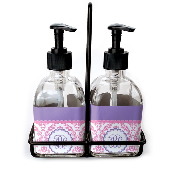 Custom Pink, White & Purple Damask Glass Soap & Lotion Bottle Set (Personalized)