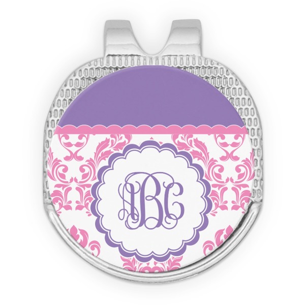 Custom Pink, White & Purple Damask Golf Ball Marker - Hat Clip - Silver