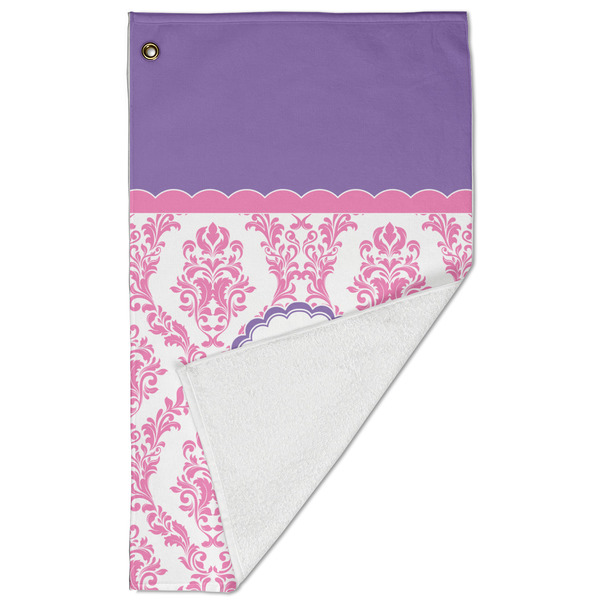 Pink, White & Purple Damask Golf Towel - Folded (Large)