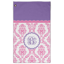 Pink, White & Purple Damask Golf Towel - Poly-Cotton Blend - Large w/ Monograms