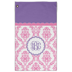 Pink, White & Purple Damask Golf Towel - Poly-Cotton Blend - Large w/ Monograms