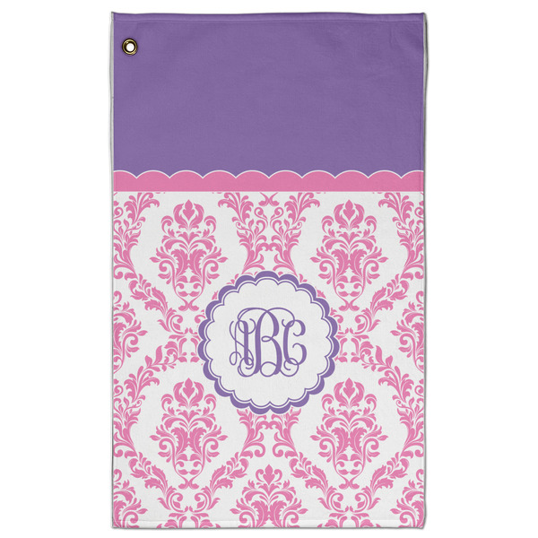 Custom Pink, White & Purple Damask Golf Towel - Poly-Cotton Blend w/ Monograms