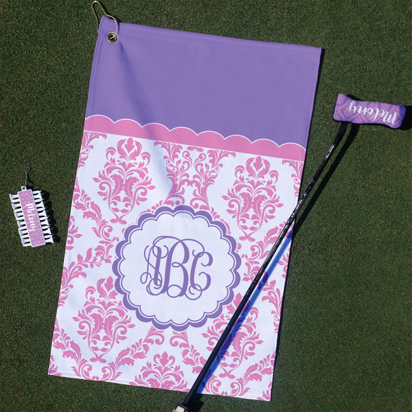 Custom Pink, White & Purple Damask Golf Towel Gift Set (Personalized)