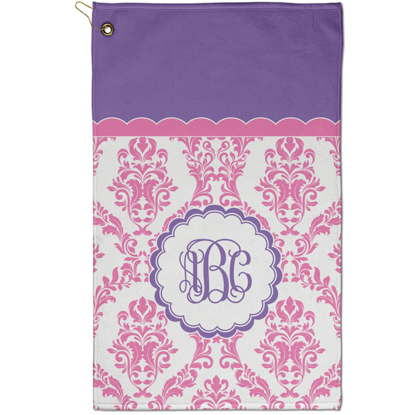 Custom Pink, White & Purple Damask Golf Towel - Poly-Cotton Blend - Small w/ Monograms