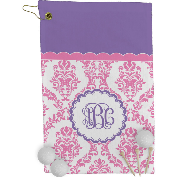 Pink, White & Purple Damask Golf Towel (Personalized)