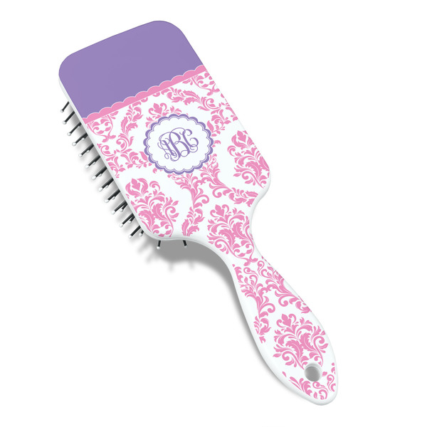 Pink, White & Purple Damask Hair Brush - Angle View