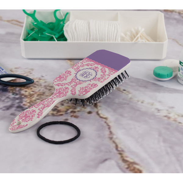 Pink, White & Purple Damask Hair Brush - In Bathroom