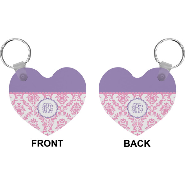 Pink, White & Purple Damask Heart Keychain (Front + Back)