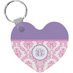 Pink, White & Purple Damask Heart Plastic Keychain w/ Monogram