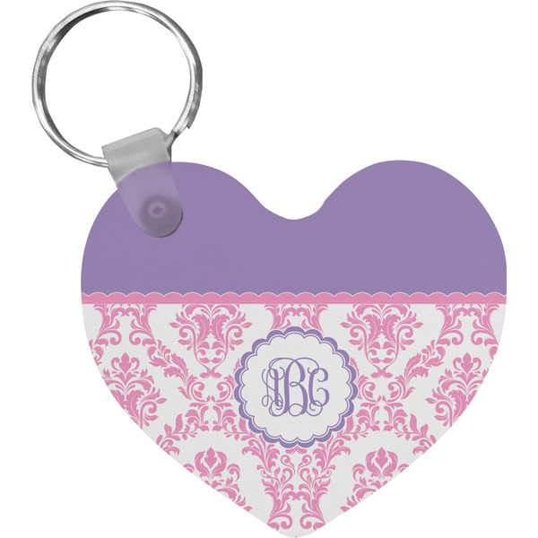 Custom Pink, White & Purple Damask Heart Plastic Keychain w/ Monogram