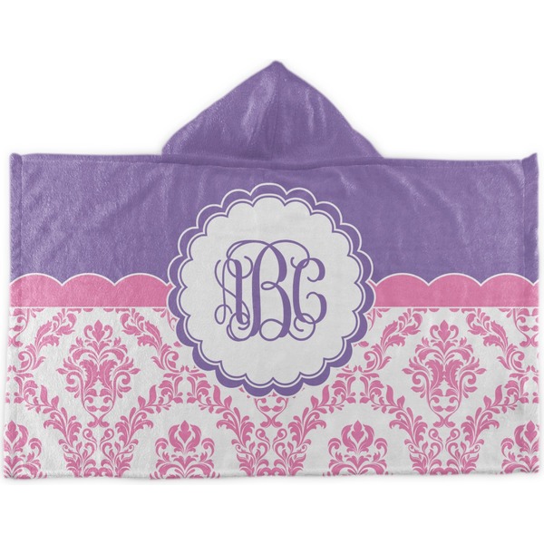 Custom Pink, White & Purple Damask Kids Hooded Towel (Personalized)