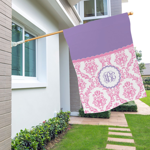 Pink, White & Purple Damask House Flags - Double Sided - LIFESTYLE