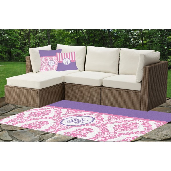 Pink, White & Purple Damask Outdoor Mat & Cushions