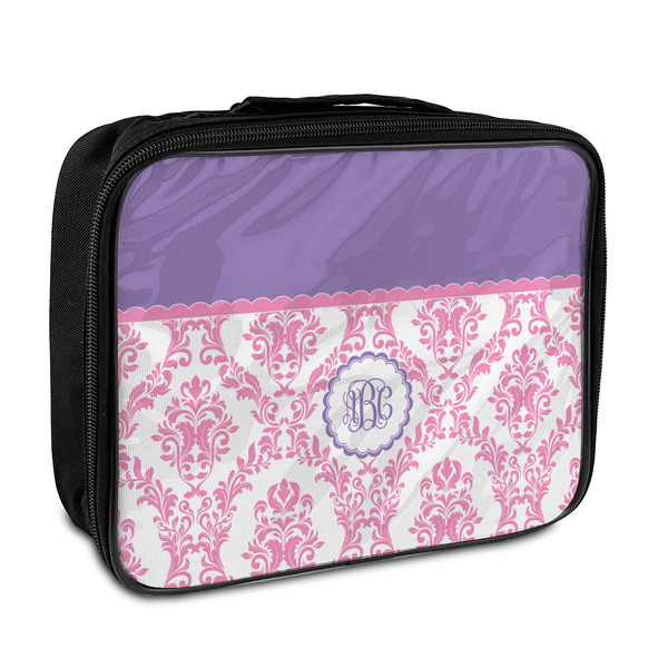 Custom Pink, White & Purple Damask Insulated Lunch Bag w/ Monogram