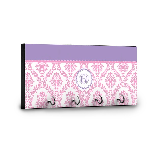 Pink, White & Purple Damask Key Hanger - Front View with Hooks
