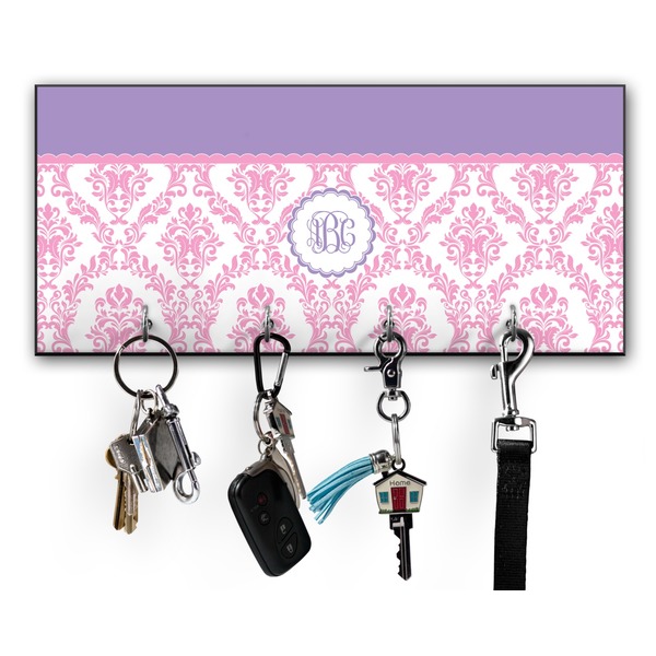 Custom Pink, White & Purple Damask Key Hanger w/ 4 Hooks w/ Monogram