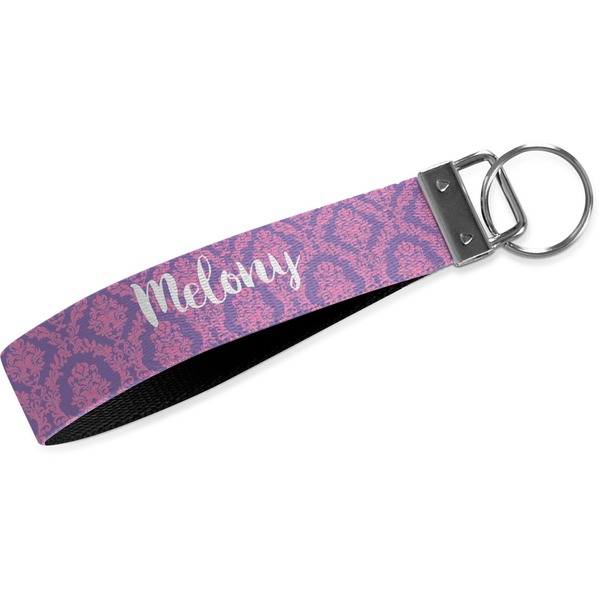 Custom Pink, White & Purple Damask Wristlet Webbing Keychain Fob (Personalized)