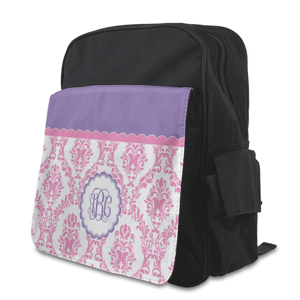 Custom Pink, White & Purple Damask Preschool Backpack (Personalized)