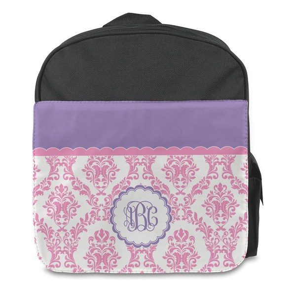 Pink, White & Purple Damask Kids Backpack - Front