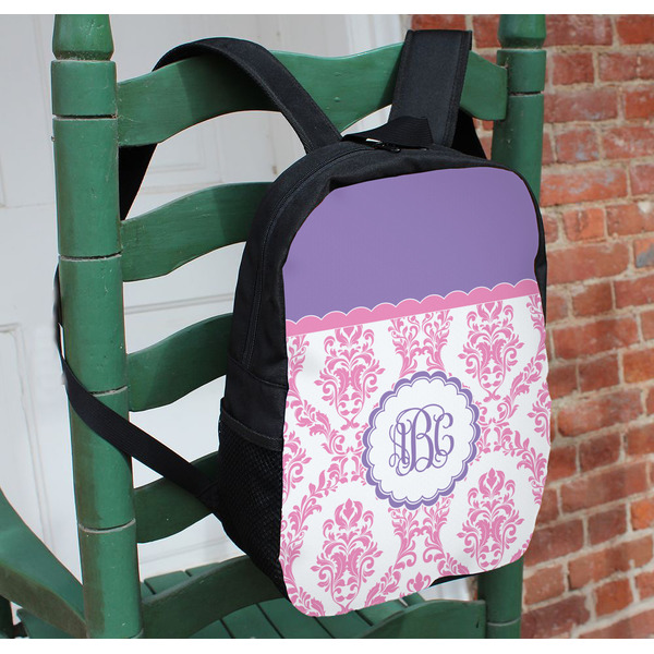 Pink, White & Purple Damask Kids Backpack - In Context