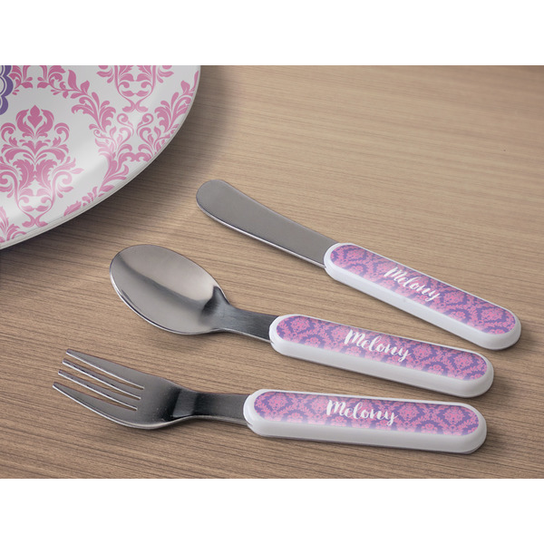 Pink, White & Purple Damask Kids Flatware w/ Plate