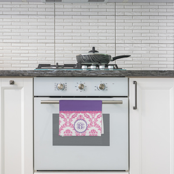 Pink, White & Purple Damask Kitchen Towel - Poly Cotton - Lifestyle