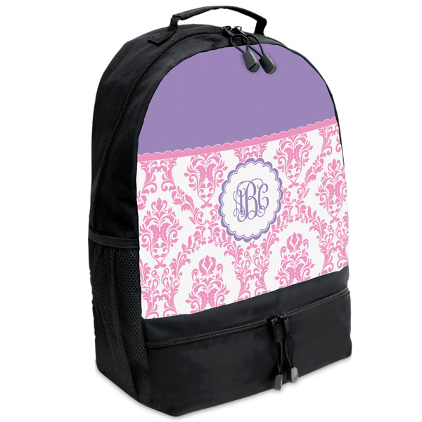 Custom Pink, White & Purple Damask Backpacks - Black (Personalized)