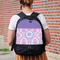 Pink, White & Purple Damask Large Backpack - Black - On Back