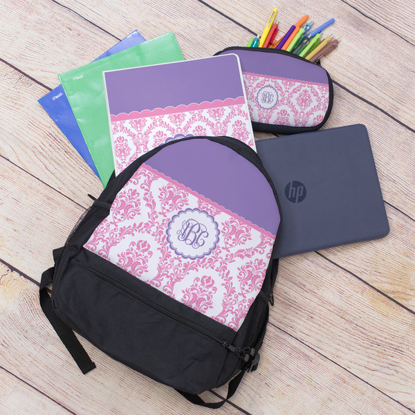 Pink, White & Purple Damask Large Backpack - Black - With Stuff