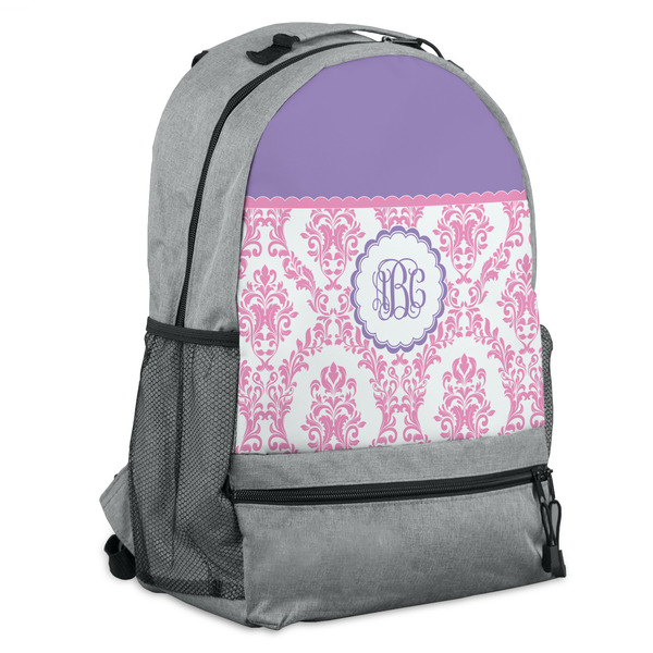 Custom Pink, White & Purple Damask Backpack - Grey (Personalized)