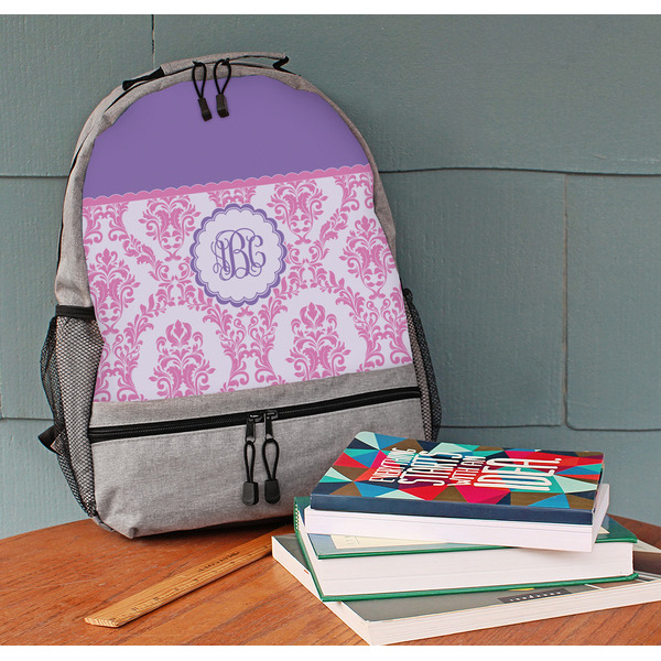 Pink, White & Purple Damask Large Backpack - Gray - On Desk