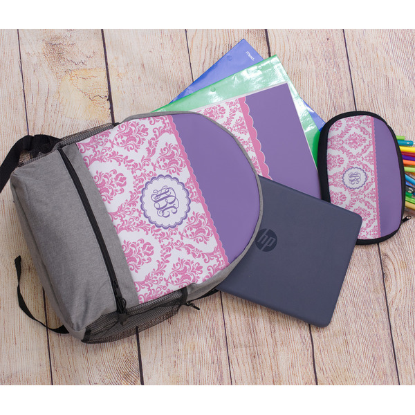 Pink, White & Purple Damask Large Backpack - Gray - With Stuff
