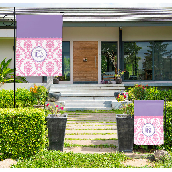 Custom Pink, White & Purple Damask Large Garden Flag - Single Sided (Personalized)