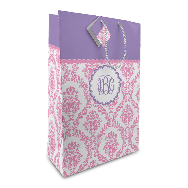 Custom Pink, White & Purple Damask Large Gift Bag (Personalized)