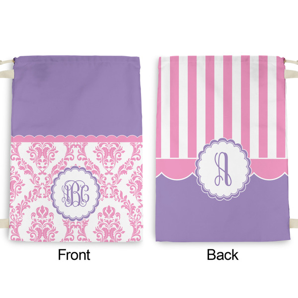 Pink, White & Purple Damask Large Laundry Bag - Front & Back View