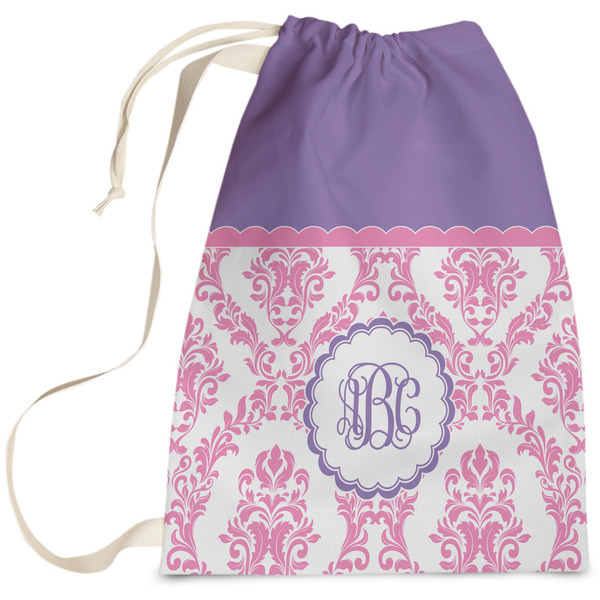 Custom Pink, White & Purple Damask Laundry Bag - Large (Personalized)