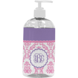 Pink, White & Purple Damask Plastic Soap / Lotion Dispenser (16 oz - Large - White) (Personalized)