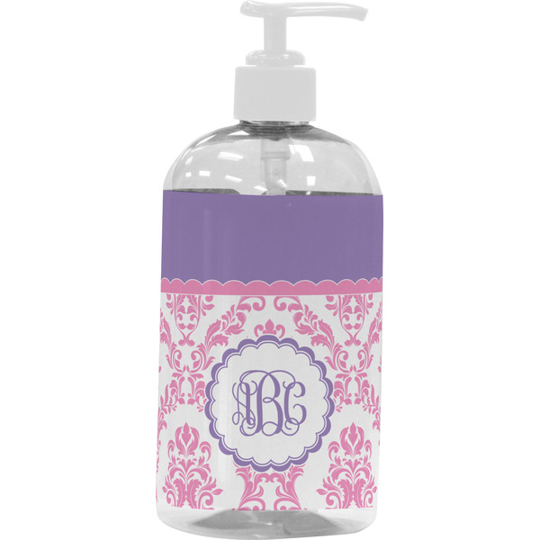 Custom Pink, White & Purple Damask Plastic Soap / Lotion Dispenser (16 oz - Large - White) (Personalized)