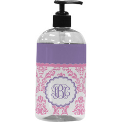 Pink, White & Purple Damask Plastic Soap / Lotion Dispenser (16 oz - Large - Black) (Personalized)