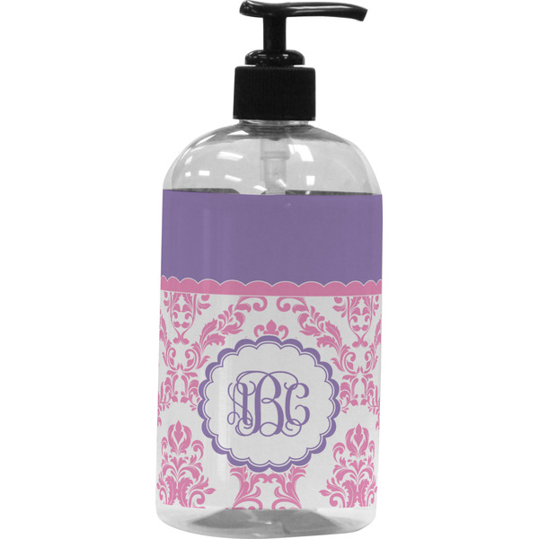 Custom Pink, White & Purple Damask Plastic Soap / Lotion Dispenser (Personalized)