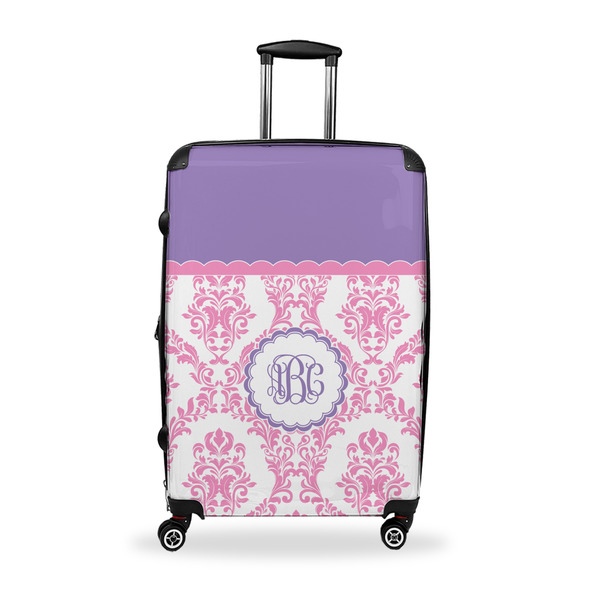 Custom Pink, White & Purple Damask Suitcase - 28" Large - Checked w/ Monogram