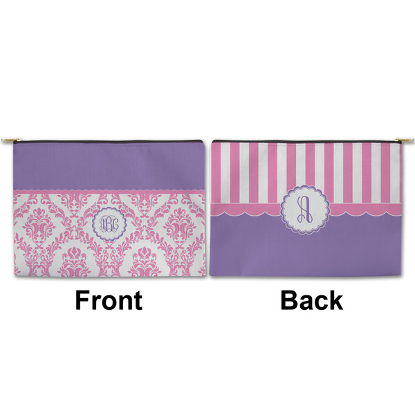 Pink, White & Purple Damask Large Zipper Pouch Approval (Front and Back)