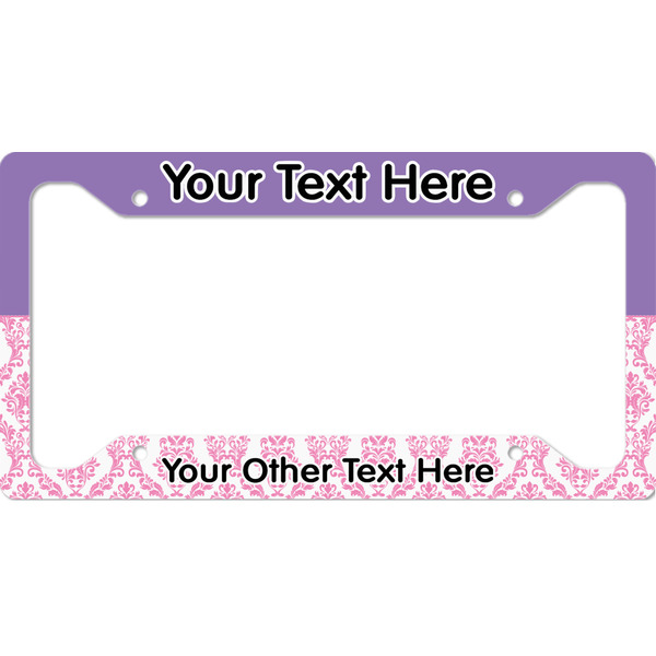 Custom Pink, White & Purple Damask License Plate Frame - Style A (Personalized)