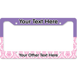 Pink, White & Purple Damask License Plate Frame - Style B (Personalized)