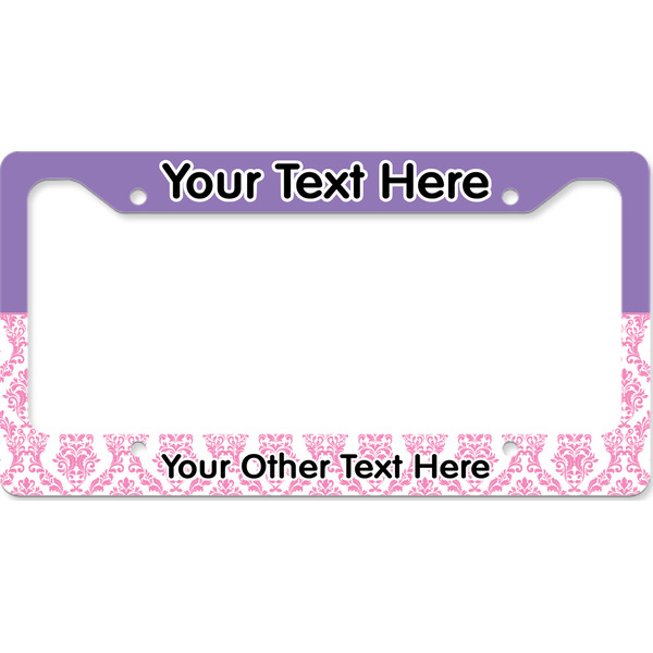 Custom Pink, White & Purple Damask License Plate Frame - Style B (Personalized)