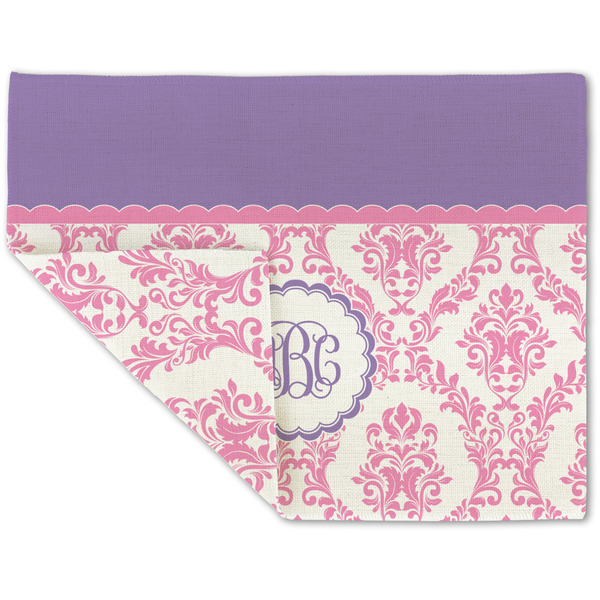 Custom Pink, White & Purple Damask Double-Sided Linen Placemat - Single w/ Monogram