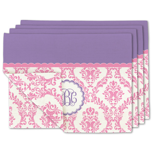 Custom Pink, White & Purple Damask Double-Sided Linen Placemat - Set of 4 w/ Monogram