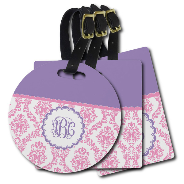 Custom Pink, White & Purple Damask Plastic Luggage Tag (Personalized)